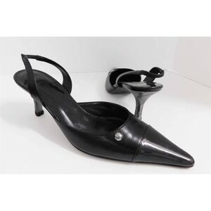 Chanel‎ Black Leather Patent Toe Cap Metal Heel Slingback Pumps Italy 39.5